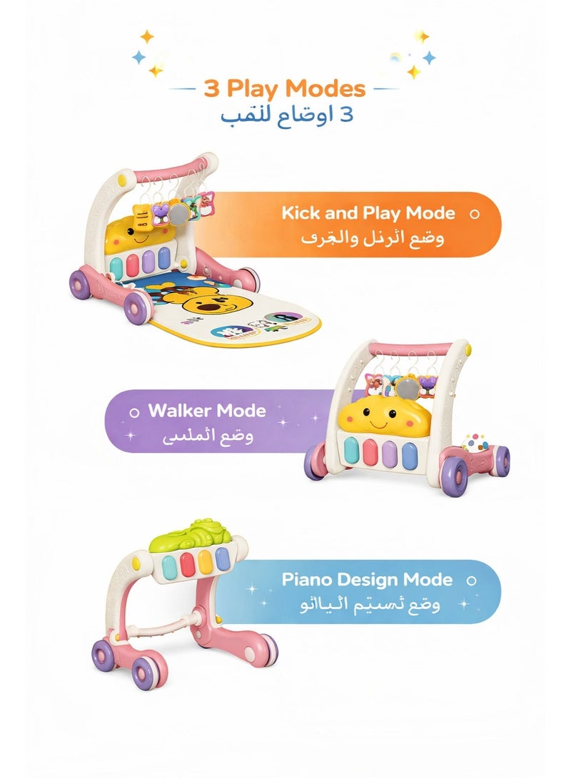 Bibi-inn 3-in-1 Baby Activity Gym & Kick Piano Walker (Pink Duck) – Play Mat, Push Walker, Light-Up Musical Piano with Hanging Toys - Image 4